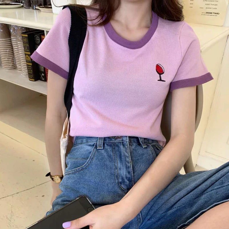 HELIAR трикотажные футболки милые топы однотонные с круглым вырезом короткий рукав