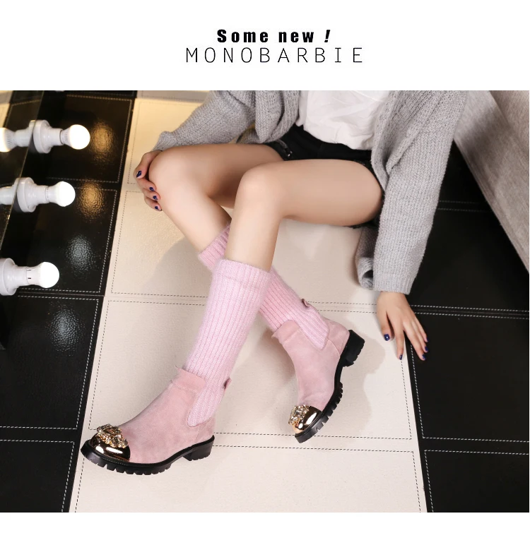 Botas Mujer; зимние вязаные сапоги; женские сапоги до середины икры; Bota Feminina; обувь со стразами; женские эластичные сапоги; Botines Mujer; коллекция года; Zapatos De Mujer