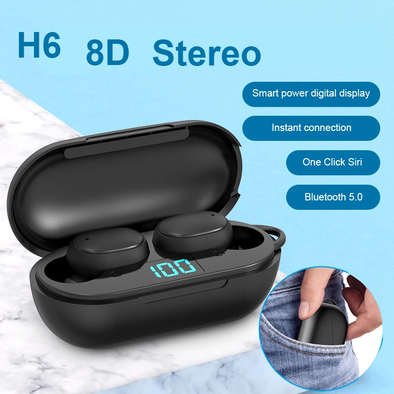 Беспроводные наушники H6 TWS V5.0 Bluetooth спортивные наушники-вкладыши со светодиодным
