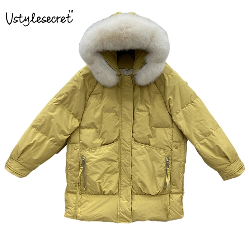 

Женская куртка с натуральным лисьим мехом, свободная Зимняя парка с капюшоном, ветрозащитная Повседневная модная женская куртка, зимнее па...