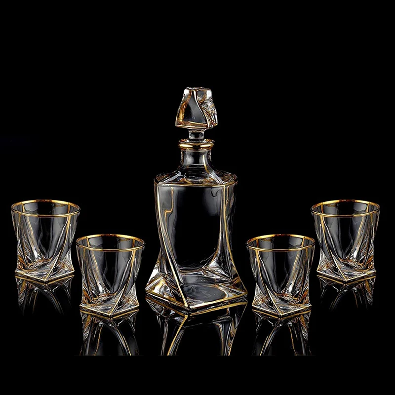 

Gold Crystal Glass Wine Red Bottle + 4 Cups Wine Decanter Whiskey Liqour Pourer Home Bar Vodka Beer Bottle