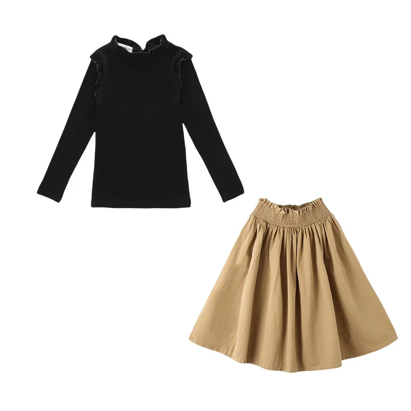 

2021 big kids spring long-sleeved solid color two-piece skirt suit girls