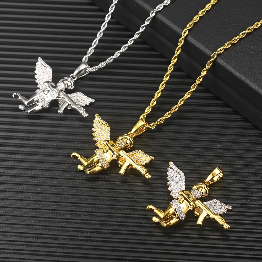 

Hip Hop Bling Iced Out Cartoon Revenge Angel Pendants Necklace With Zircon Stone for Men Women Rapper Jewelry Free Rope Chain