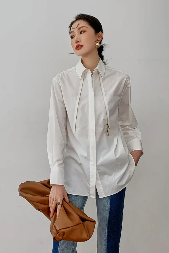 

Solid White Shirt Full Turn Down Collar Blouse Women Top 2020 New D092