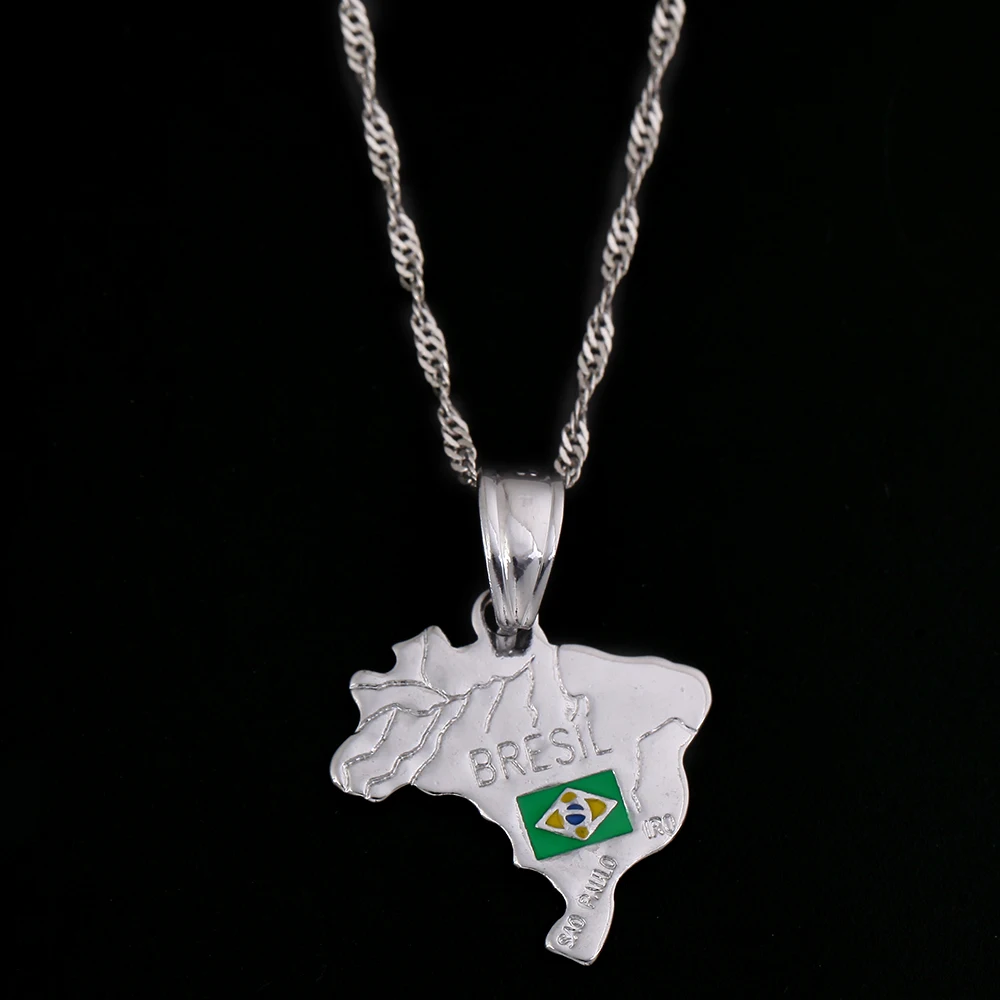 Серебряный цвет Бразилия Карта Национальный кулон в форме флага ожерелья для