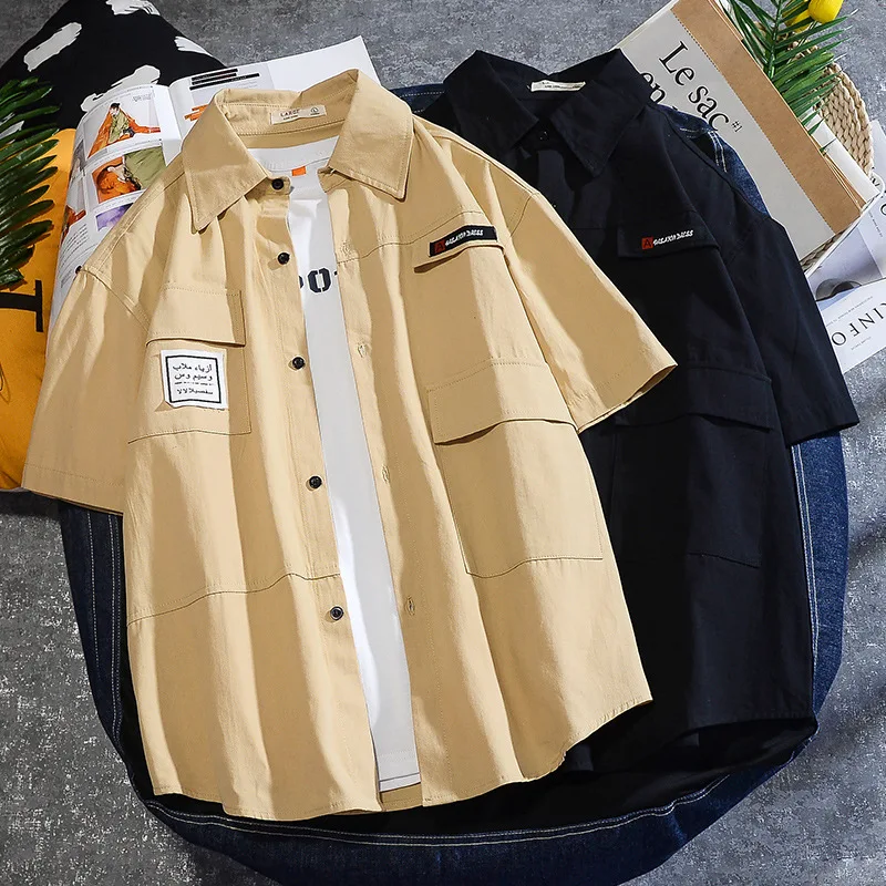 

Рубашка мужская однотонная с коротким рукавом, модная одежда в Корейском стиле с принтом дракона, с пуговицами, лето 2021