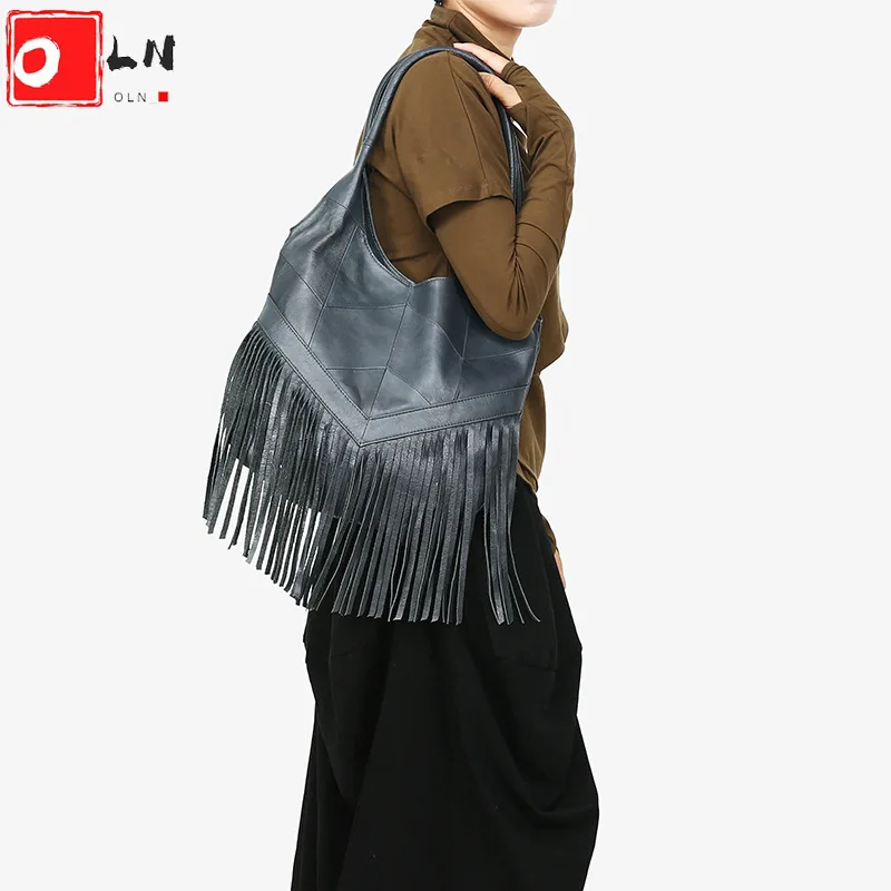 OLN Genuine Cow Leather Fringe Hobo Bag Women Soft Nappa Leather Female Shoulder Bags Tassel Casual High Quality Lady Handbag