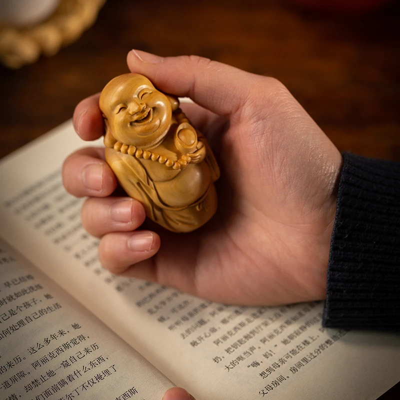 Деревянная резьба Maitreya Будда Смеющийся Самшит украшения Дерево Wenwan ручная