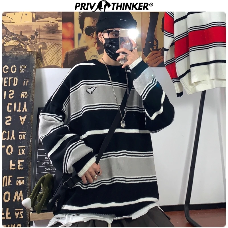 Privathinker мужские и женские Полосатые свитера с круглым вырезом вышивкой из