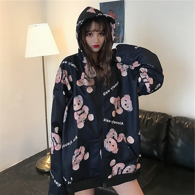 

Hoodies Women Harajuku Bear Print Hooded Hoodie Loose Zip Up Long Sleeve Streetwear Females Cute Funny Tops Girl Kawaii Clothes