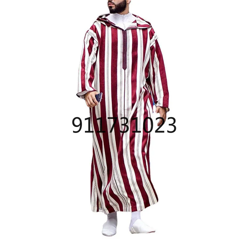 Мусульманское платье с капюшоном Длинное Красное прямое в полоску V-образным