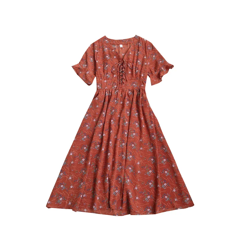 

Kimutomo Chic Floral Printing Dresses 2021 Summer New Fresh Style Female V-neck Flare Sleeve Bow Lace-up Vestido Feminino