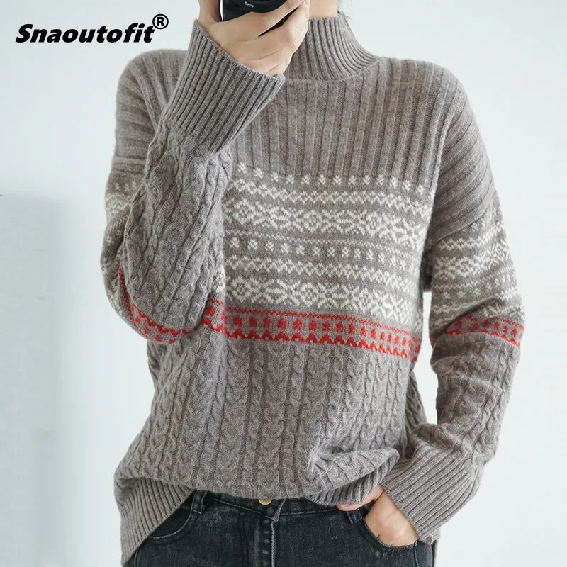 

Snaoutofit Winter New Cashmere Sweater Women Half High Neck Pullove Jacquard Long-Sleeved Thick Warm Wool Knitted Bottoming