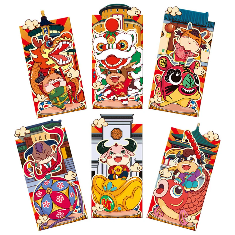

6pcs New Year Ox Red Envelopes Cartoon Spring Festival Red Envelopes Chinese Red Packets Money Packets For New Year 2021