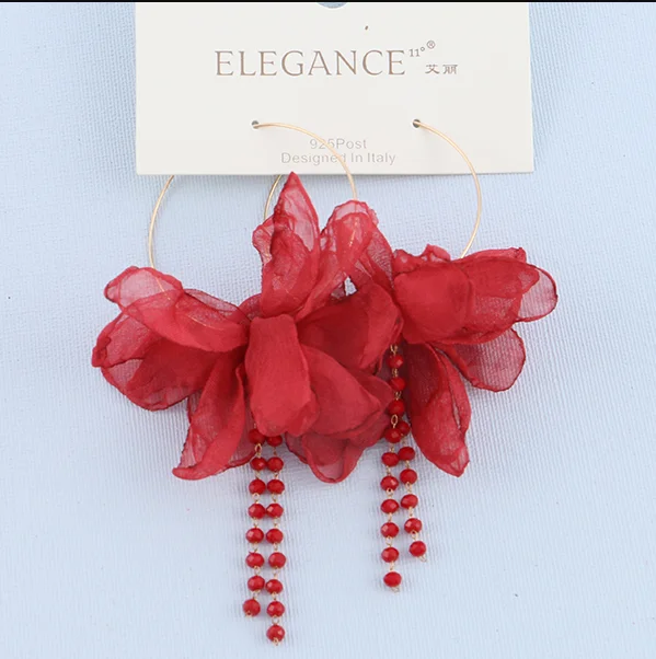 ELEGANCE11, большие серьги-кольца для женщин, серьги в виде цветка, модная подвеска с бусинами из кристаллов, длинные серьги, ювелирное изделие, подарок для женщин - Окраска металла: red