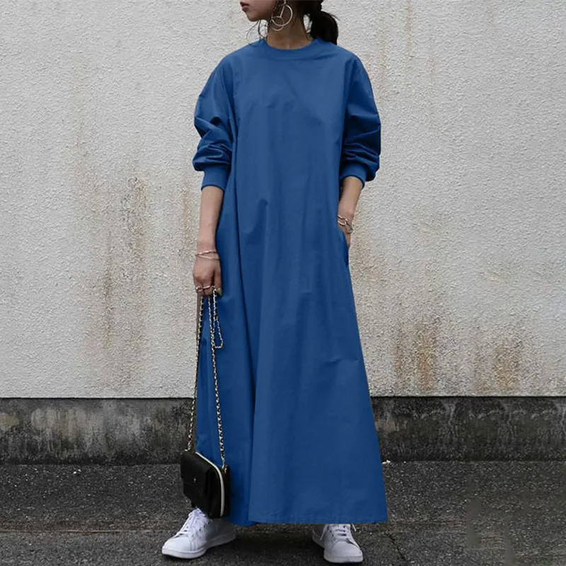

3-color casual loose large round neck thread long sleeve long cotton linen dress female pregnant woman