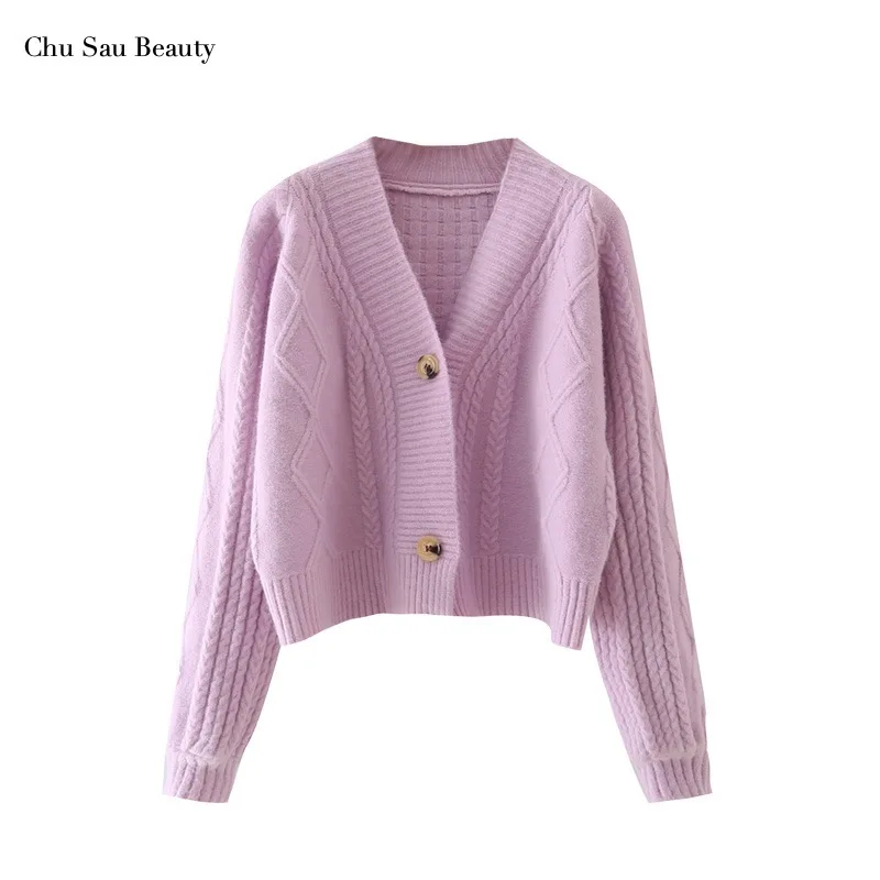 

Women's Cordless Knit Sweater V-Neck Long-Sleeved Single-Breasted Autumn Casual Jacket Loose Casual Short Top