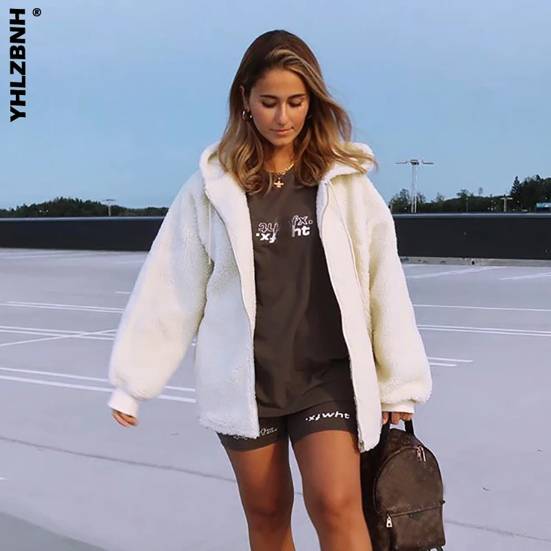 

YHLZBNH Teddy Women Coat Winter Warm Long Sleeve Zipper Faux Fur Hooded Jacket Fluffy Jacket Ladies Autumn Overcoat Outerwear
