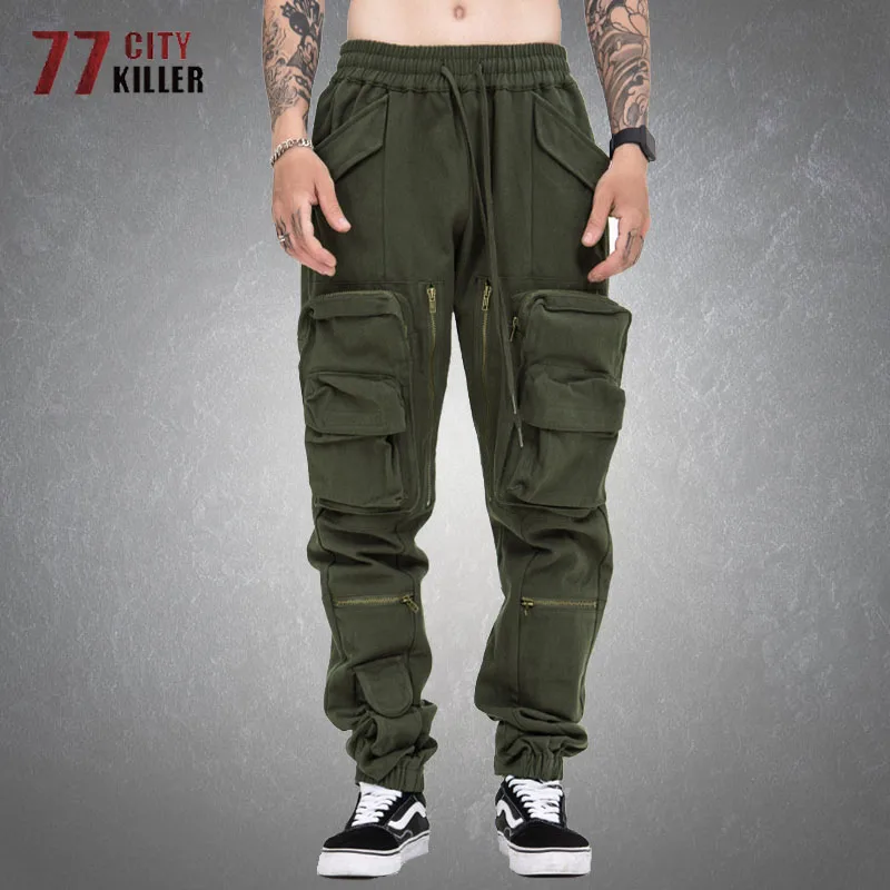 

High Street Tactical Cargo Pants Mens Casual Wear-resistant Multi-pocket Functional Elastic Waist Combat Military Trousers Male
