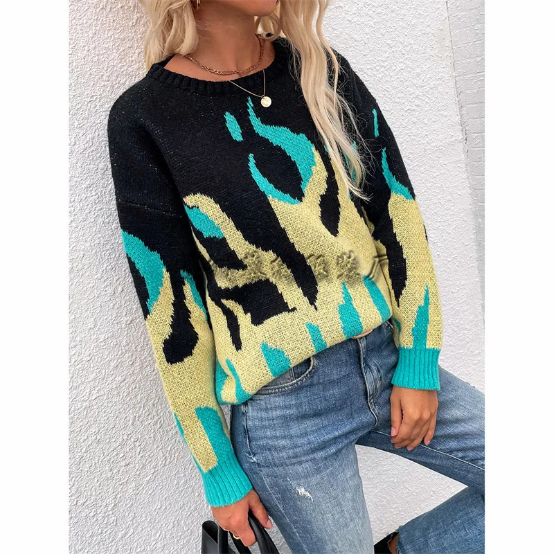 

2021 Autumn Winter New Mid Length Pullover Print Loose Plus Size Sweater Women