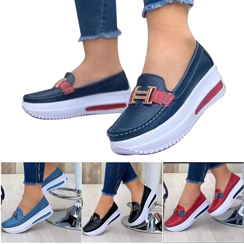 

Comfortable Platform Loafers for Women Casual Flat PU Walking Shoes Vintage Style A66