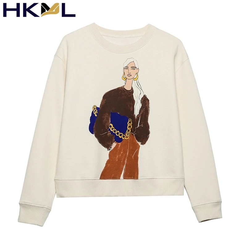 

Long Sleeve O Neck Loose Pullovers Female Tops Women Fashion Charater Print Fleece Beige Sweatshirts Oversize