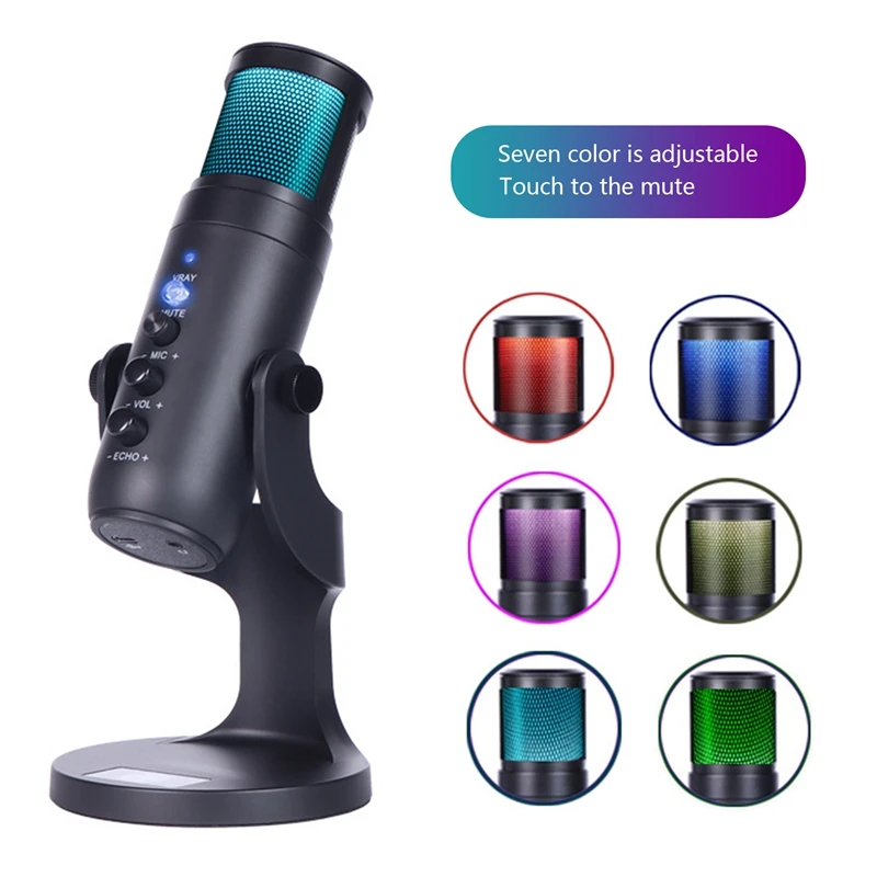

RGB Condenser Microphone Type C+3.5mm Port Adjustable RGB Light USB Mic for PC Laptop Gaming Streaming Tik Tok YouTube