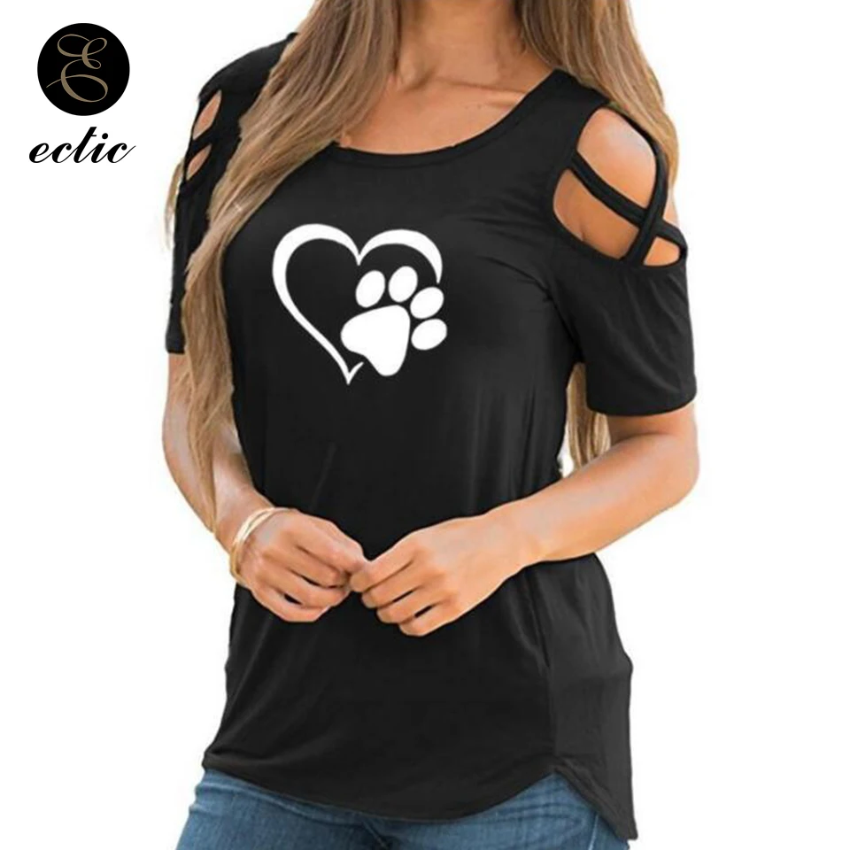 Кошка Коготь Образец Сердце Принт Футболка Открытыми Плечами С Рукавами