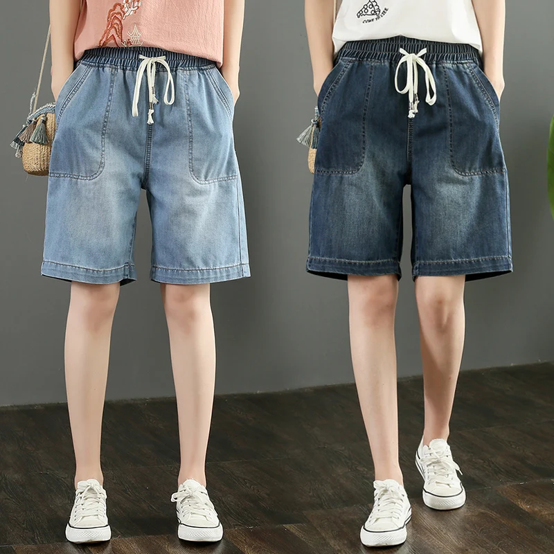 

Summer Fashion Women Korean Style Solid Color Elastic Waist Pockets Wide Leg Half-Length Denim Shorts Female Simple