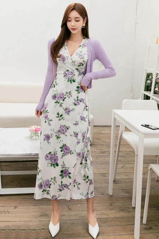 

Summer Long Dress Thin Floral Print Drawstring Kimono Style High Waist Half Sleeve Bohemian Beach Dresses for Women T1843