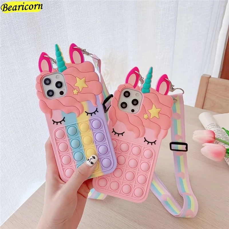 

Pop Fidget Toys Push Bubble Silicone Beans Case For iPhone 6 6s 7 8 Plus X XR XS 11 12 Pro Max SE Cartoon Unicorn Strap Cover