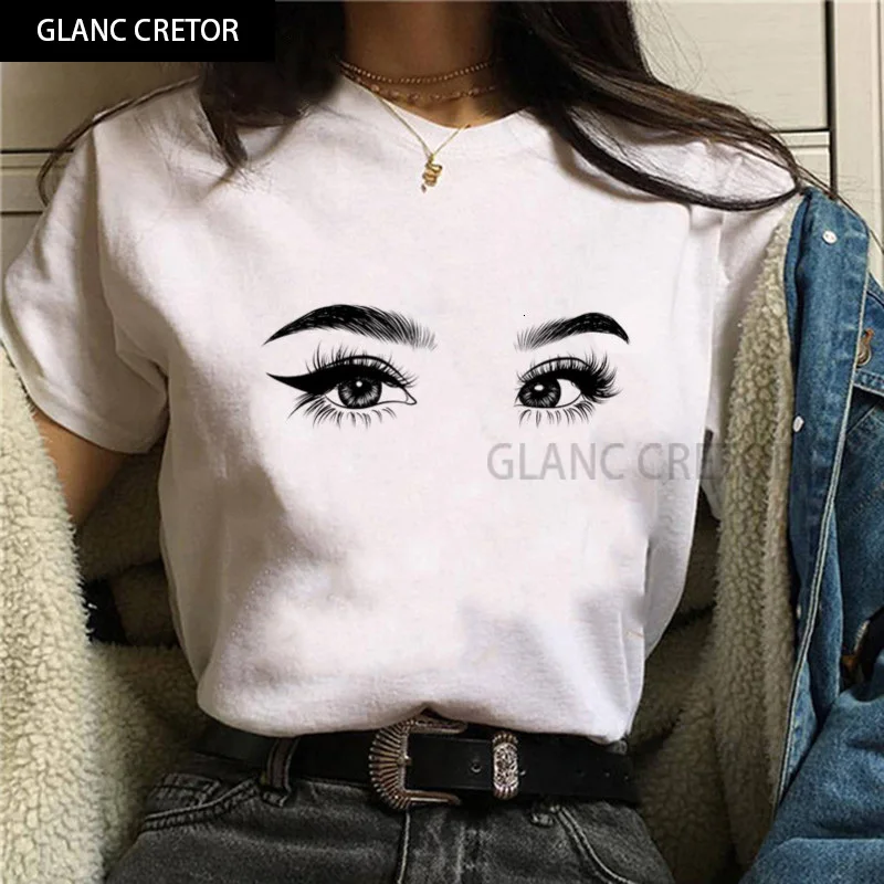 

Harajuku Streetwear 90s Tshirt Female Graphic Tshirt Korean top Tees Fashion Makeup Art Eyelashes Print Vogue T Shirt Women