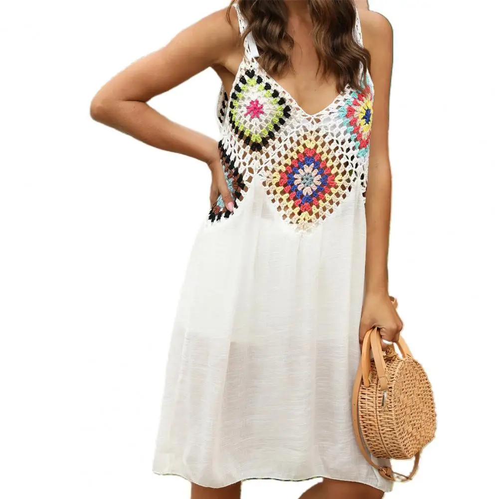 

Women Dress Crochet Beach Cover-ups Summer Tunic Cover Up Long Knitted Patchwork V Neck Beachwear Mini Dress for Ladies Vestido