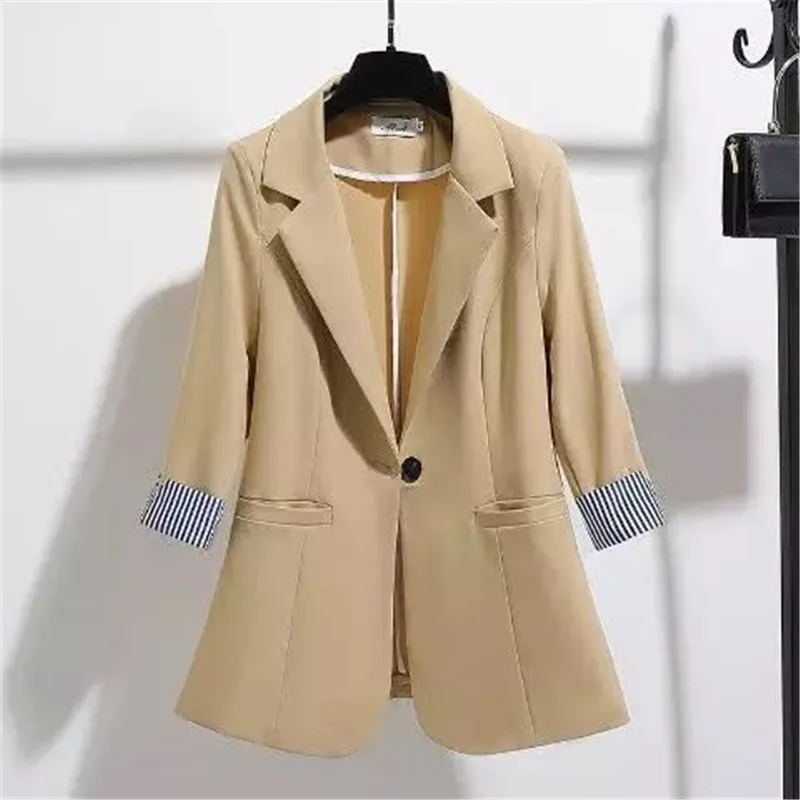 

Women Spring Summer Coat Female Slim Thin 3/4 Sleeve Ladies OL Work Wear Suit Jacket Blaze Pctchwork Plus Size Coat Tops