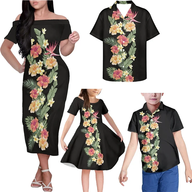 

HYCOOL Summer Black Hawaiian Hibiscus Dress Fashion Mom Daughter Matching Outfits Custom Plus Size Polynesian 4pcs Family Sets