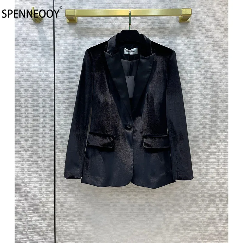 

SPENNEOOY Designer Brand Autumn Vintage Black Velvet Black Blazer Jackets Women Fashion Single Button Overcoat Outwear