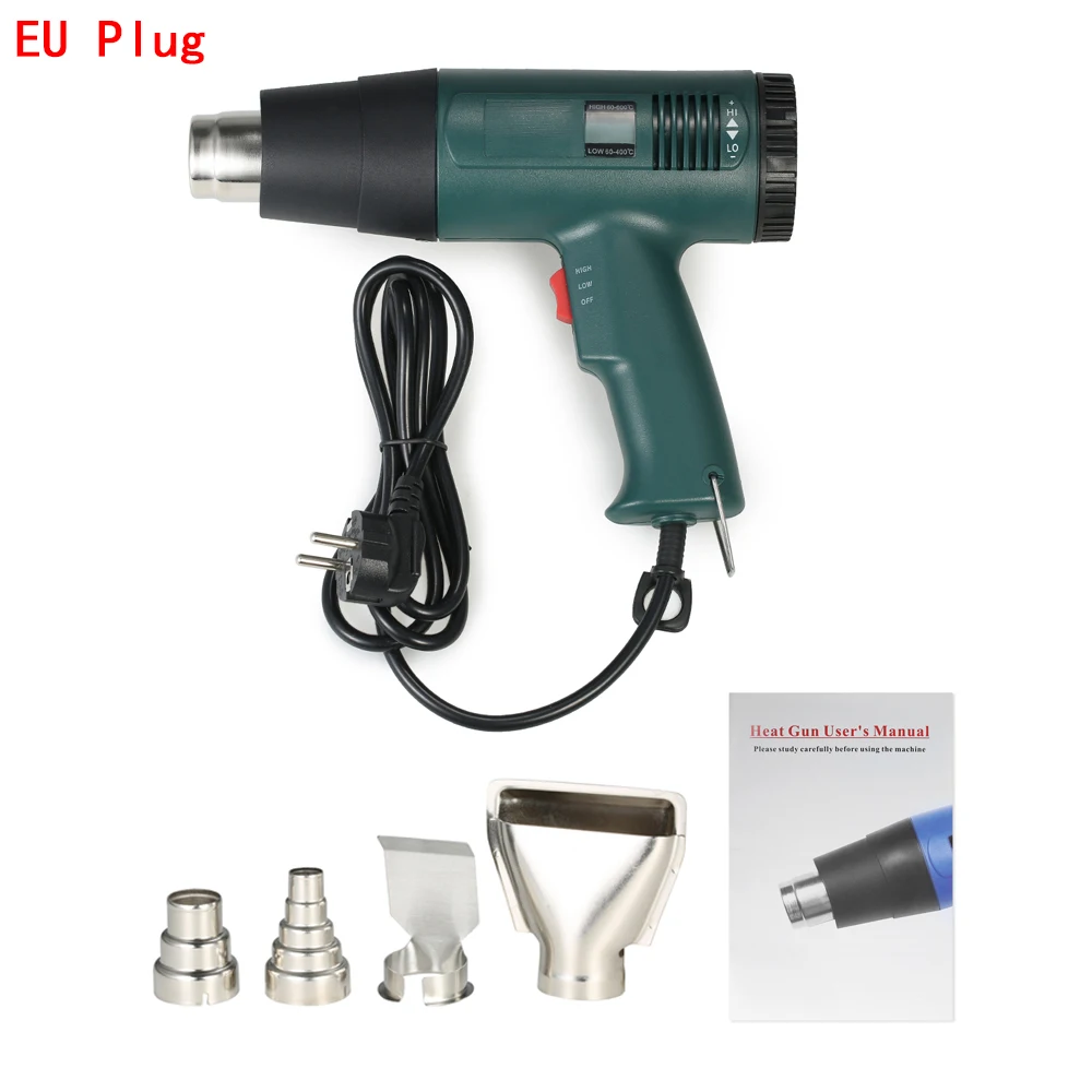 Green EU plug Цифровая Тепловая пушка с терморегулятором, фен для волос, паяльный фен-пистолет, строительный инструмент с 4 насадками 1800 Вт ac220в - Цвет: Green EU plug