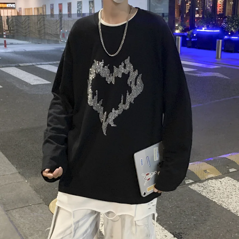 

Cartoon Flame Print Autumn Apring Men T Shirt Long Sleeve Black Funny Oversized Streetwear Vintage Punk Graphic Top Cool Fashion