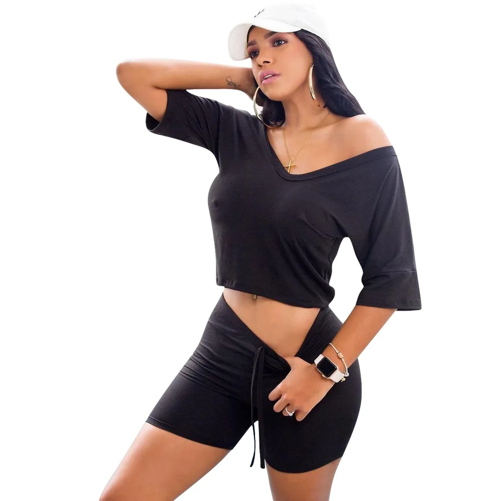 

Womens Two-Piece Shorts Set V-Neck Sports Fashion Casual Sexy Solid Color Laced Up T Shirt Spring/Summer New Skinny