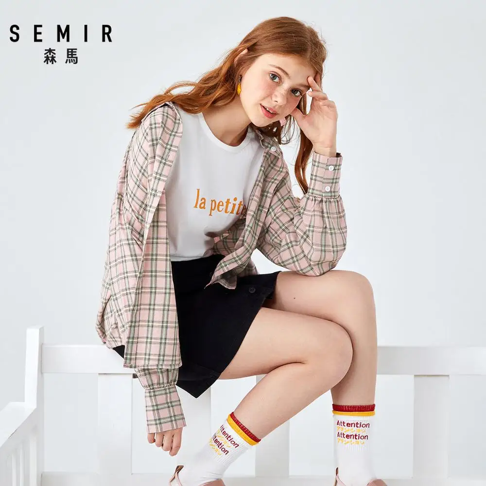SEMIR Женская клетчатая длинная рубашка из хлопка, куртка с вышивкой, Женская длинная рубашка с отложным воротником и зауженной талией