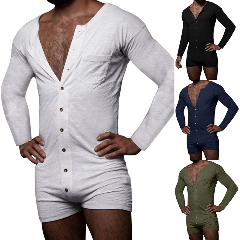 

Men Pajamas Jumpsuit Homewear Solid Color Long Sleeve Comfortable Button Leisure Sleepwear Men Rompers Nightwear Plus Size