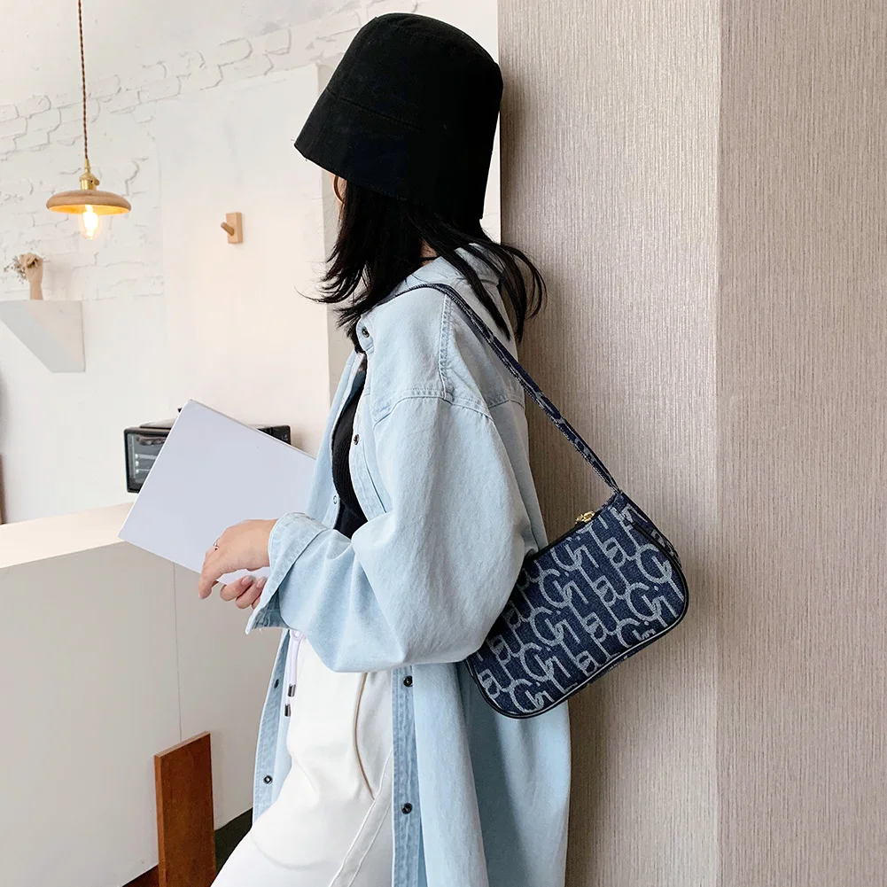 

Casual Denim Fashion Letters Printing Shoulder Underarm Bags For Women Vintage Chain Small Handbags Ladies Daily Shoulder Bags