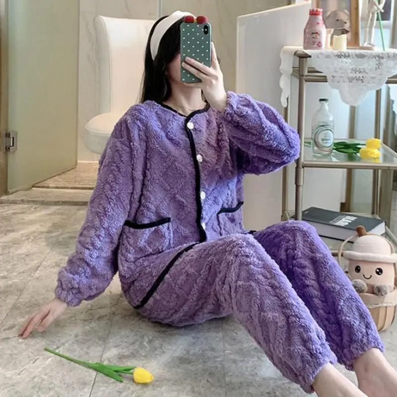 

Loungewear Purple Sleepwear For Lady Coral Fleece Pajamas Sets 2PCS Shirt&Pants Casual Nightwear Winter New Homewear Lingerie