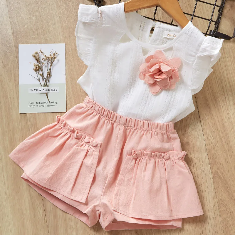 AZ780 Pink Menoea/Детские комплекты одежды для девочек Новая летняя брендовая одежда для маленьких девочек футболка с короткими рукавами+ платье со штанами комплекты детской одежды из 2 предметов - Цвет: AZ780 Pink