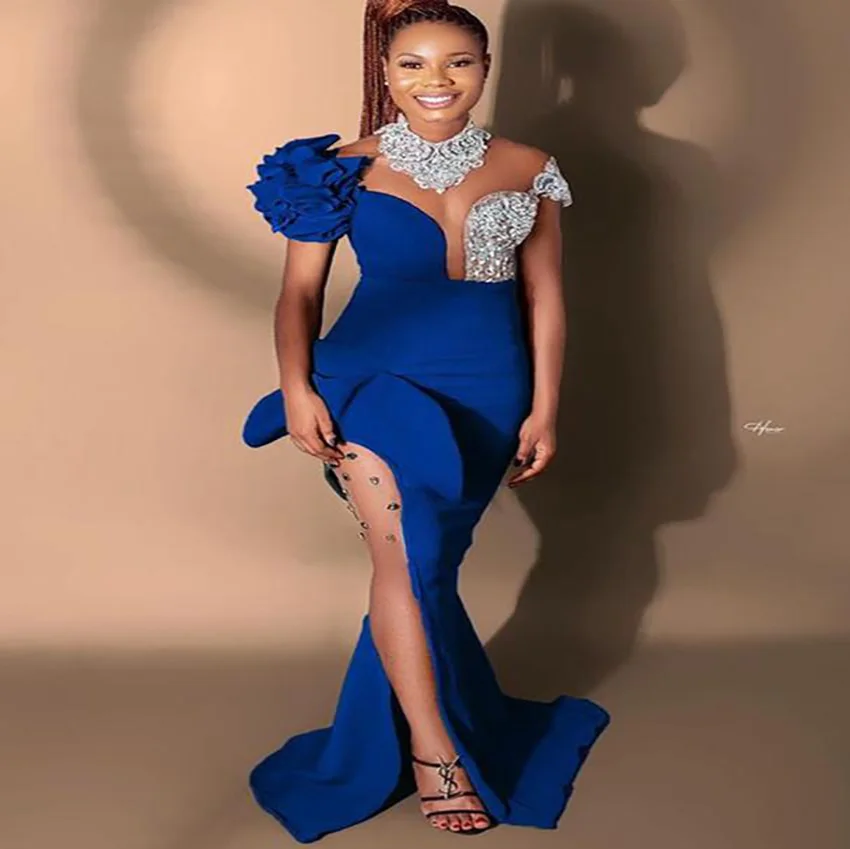

2021 Plus Size Arabic Aso Ebi Royal Blue Mermaid Prom Dress Lace Crystals High Split Sheer Neck Evening Formal Party Receptions