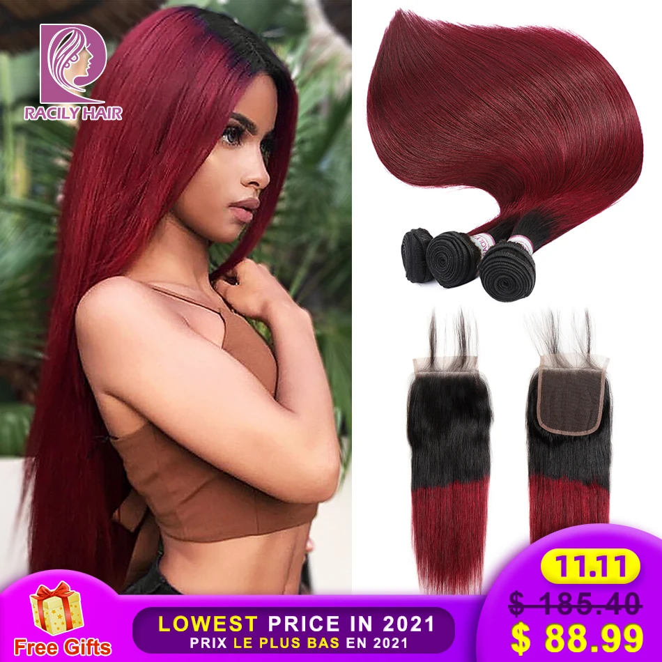 Racily волосы T1B/бордовый бразильские прямые Remy человеческие 3/4 пучки с кружевной