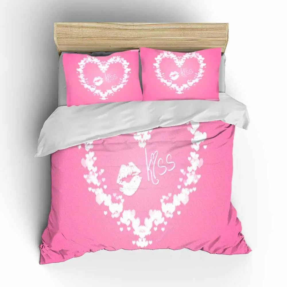 Набор постельного белья розового цвета с сердечками и поцелуями для влюбленных в
