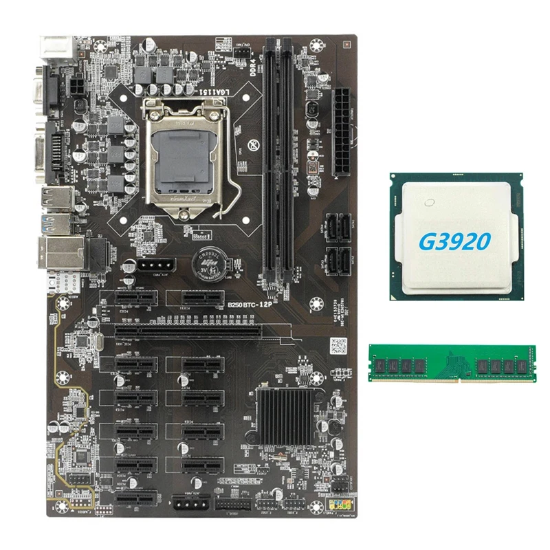 Материнская плата для майнинга B250 BTC с процессором G3920 или G3930 + DDR4 4G 2666 МГц ОЗУ