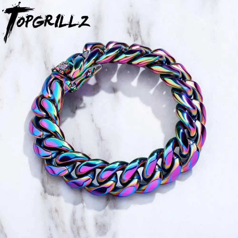 TOPGRILLZ браслет из нержавеющей стали 10 мм 14 мм кубинский браслет-цепочка хип-хоп Рок модная цветная кубинская цепочка ювелирные изделия подарок для мужчин - изображение
