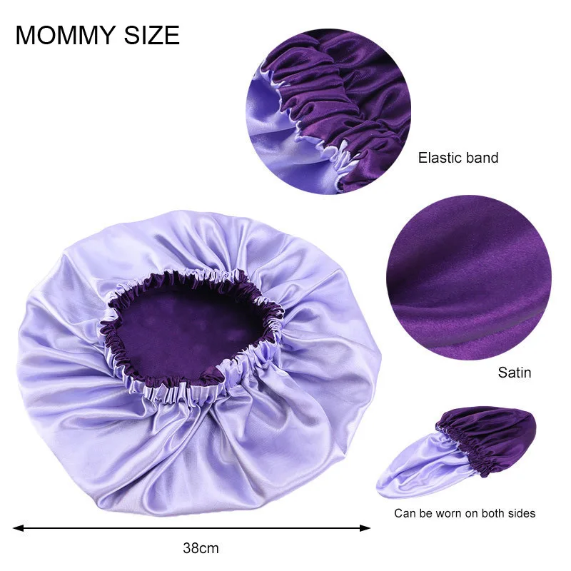 

2PCS/SET Reversible Adjustable Stain Silk Bonnet double layer for Parent Kids Sleep Night Cap Cover Headwrap Hat Hair Wrap